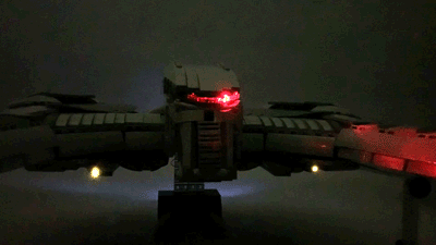 Animated gif showing LEGO Cylon Raider light kit with effects on.