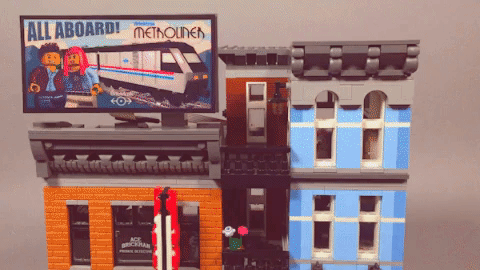 Animated gif of Brickstuff LEGO metroliner train animated billboard.