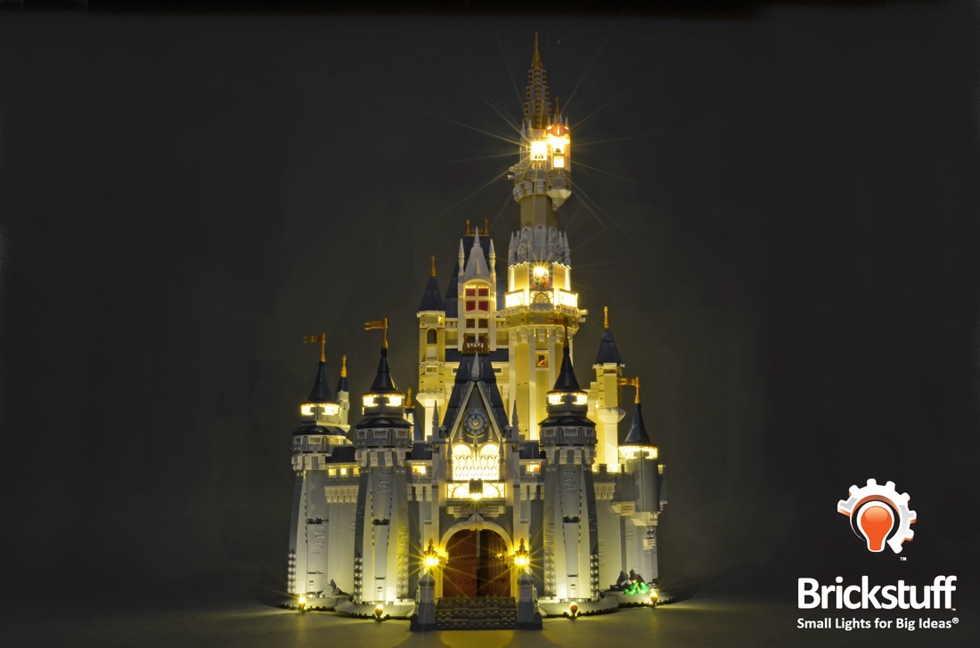 Picture showing the Brickstuff light kit for the LEGO Disney Castle with lights on in front of a dark background.