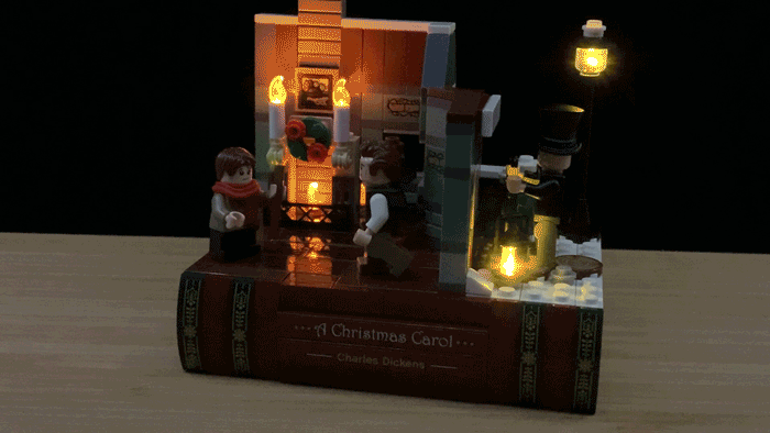 Animated gif showing flickering lights turned on in the Brickstuff light kit for the LEGO Charles Dickens Set (#40410).