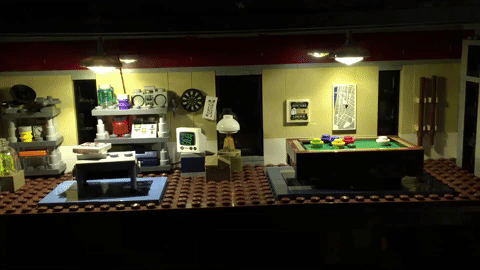 Animated gif showing LED lights in the LEGO Ghostbusters Firehouse with simulated burning-out effect.